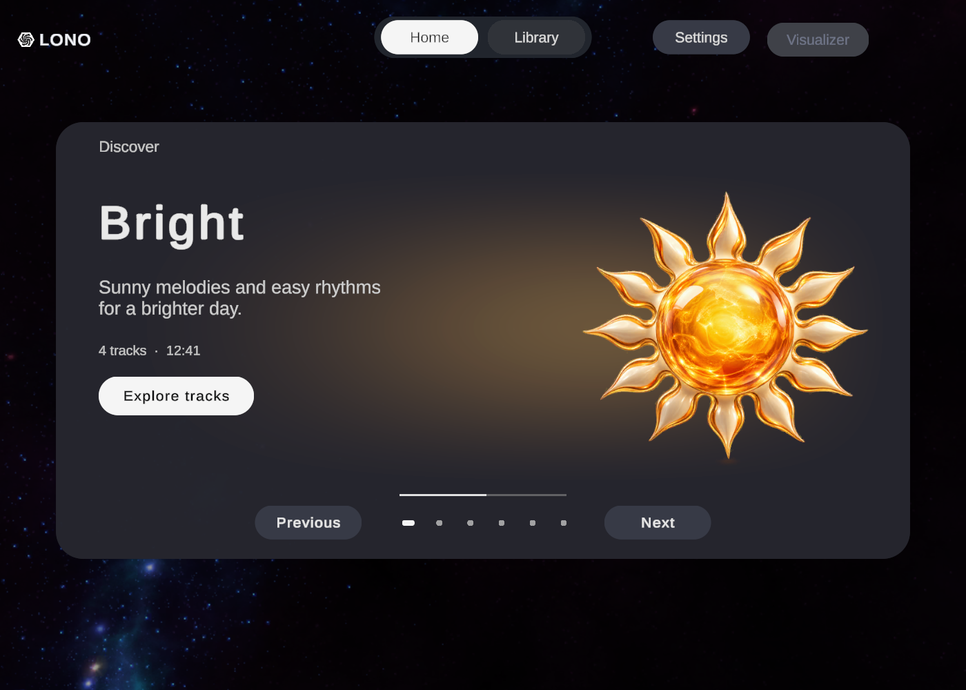 The current Home interface, with a Bright sun symbol, genre description, Explore tracks button and carousel countdown.