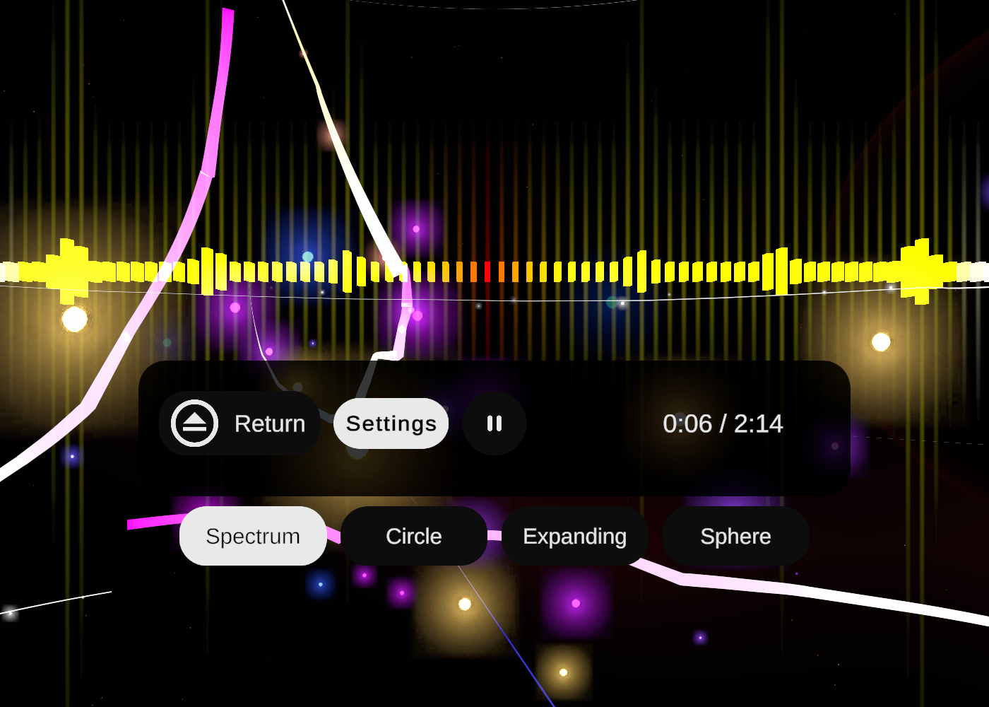 Spectrum visualizer development preview with rainbow bars, light rays and surrounding particles.